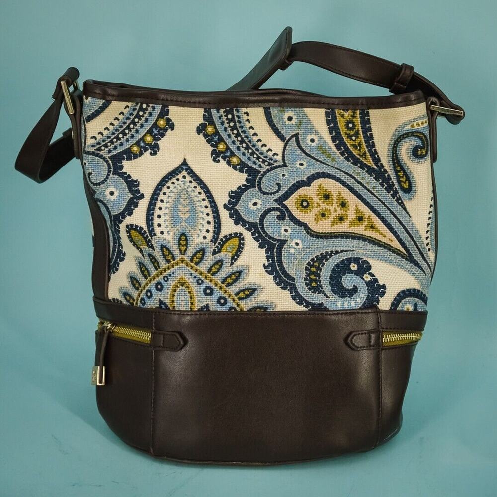 Spartina 449 Juliette Stanley Blue Paisley Brown Leather Linen Bucket Bag Purse - Picture 4 of 7